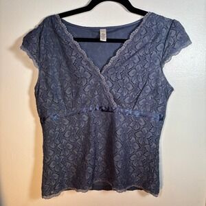 Vintage Y2K Empire Waist Lace Top Sz L Blue Cap Sleeve V-Neck Floral Blouse